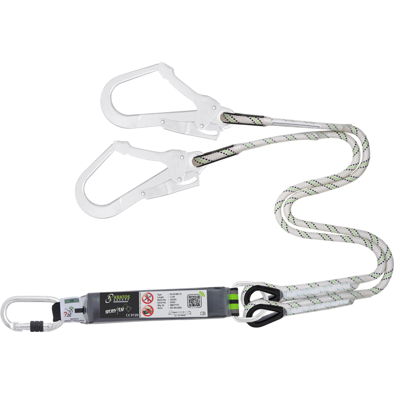 Forked energy absorbing kernmantle rope lanyard 1 mtr with connectors FA 50 101 17 and FA 50 207 55 Forked energy absorbing kernmantle rope lanyard 1 mtr with connectors FA 50 101 17 and FA 50 207 55