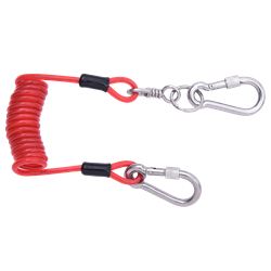 Werkzeug-Spiralband mit integrierten Karabinern zum Verbinden von Werkzeugen mit einer Werkzeughalteöset am Auffanggurt oder am 