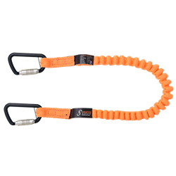 Stretch lanyard with integrated karabiners for connecting tools