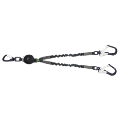 Forked expandable lanyard with energy absorber and connectors with swivel for use near sharp edges
