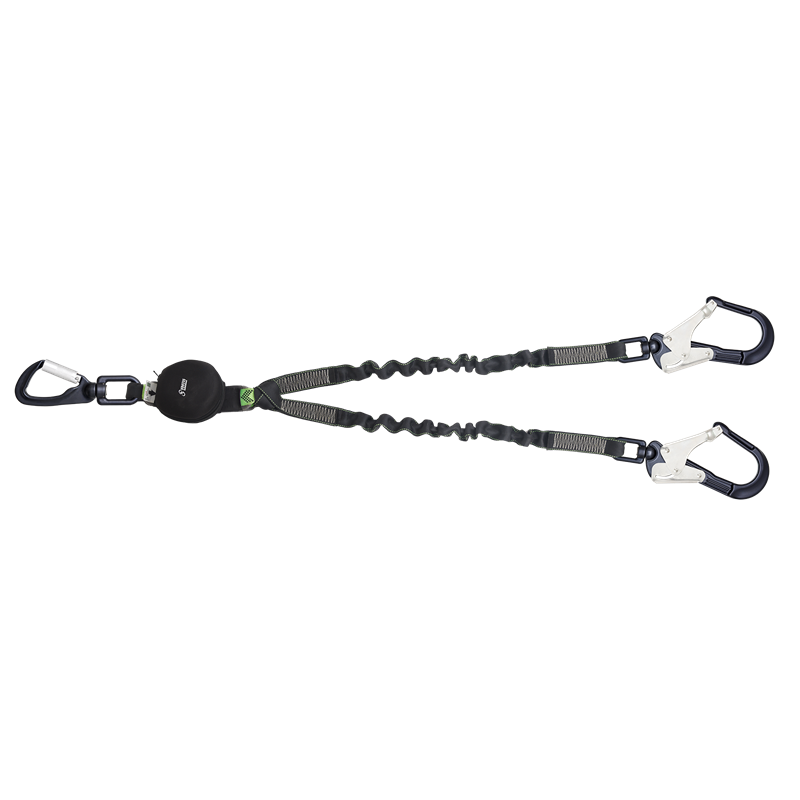 Cordino a forcella a cinghia elastica con assorbitore di energia per utilizzo nei pressi di spigoli vivi Cordino a forcella a cinghia elastica con assorbitore di energia per utilizzo nei pressi di spigoli vivi